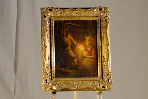 Antique Woman Looking at Candlelit Deer Painting