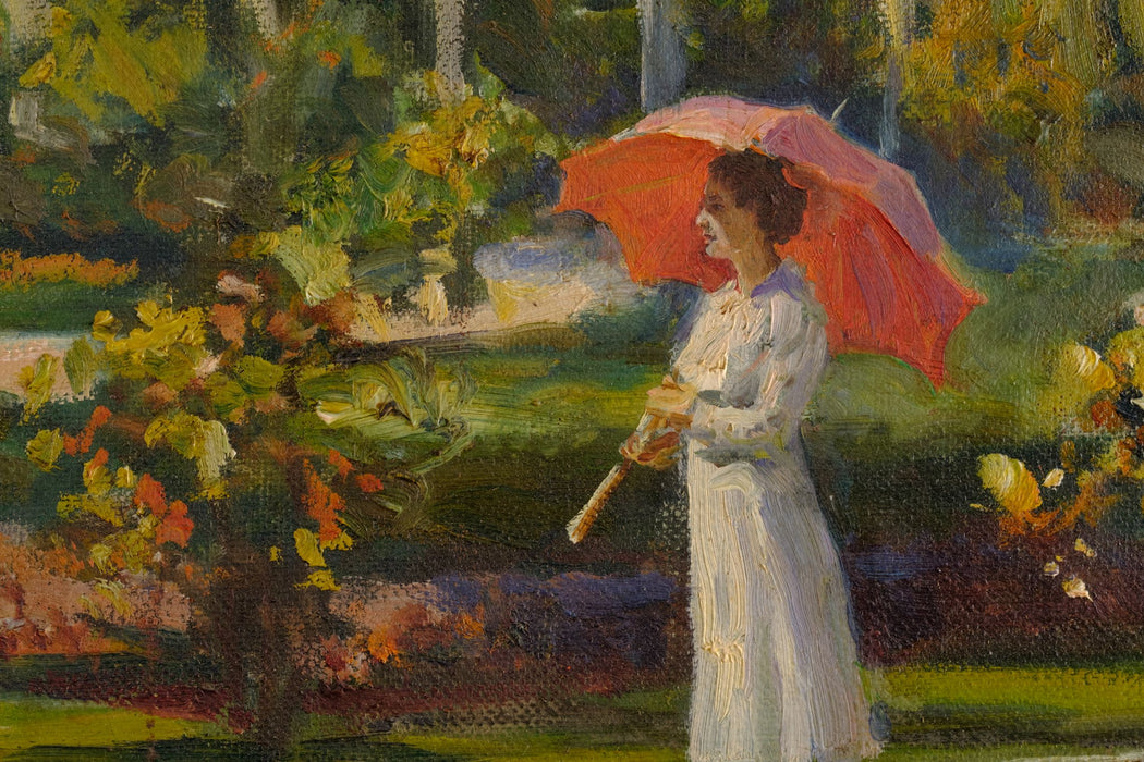 Antique Painting Woman In Garden With Parasol